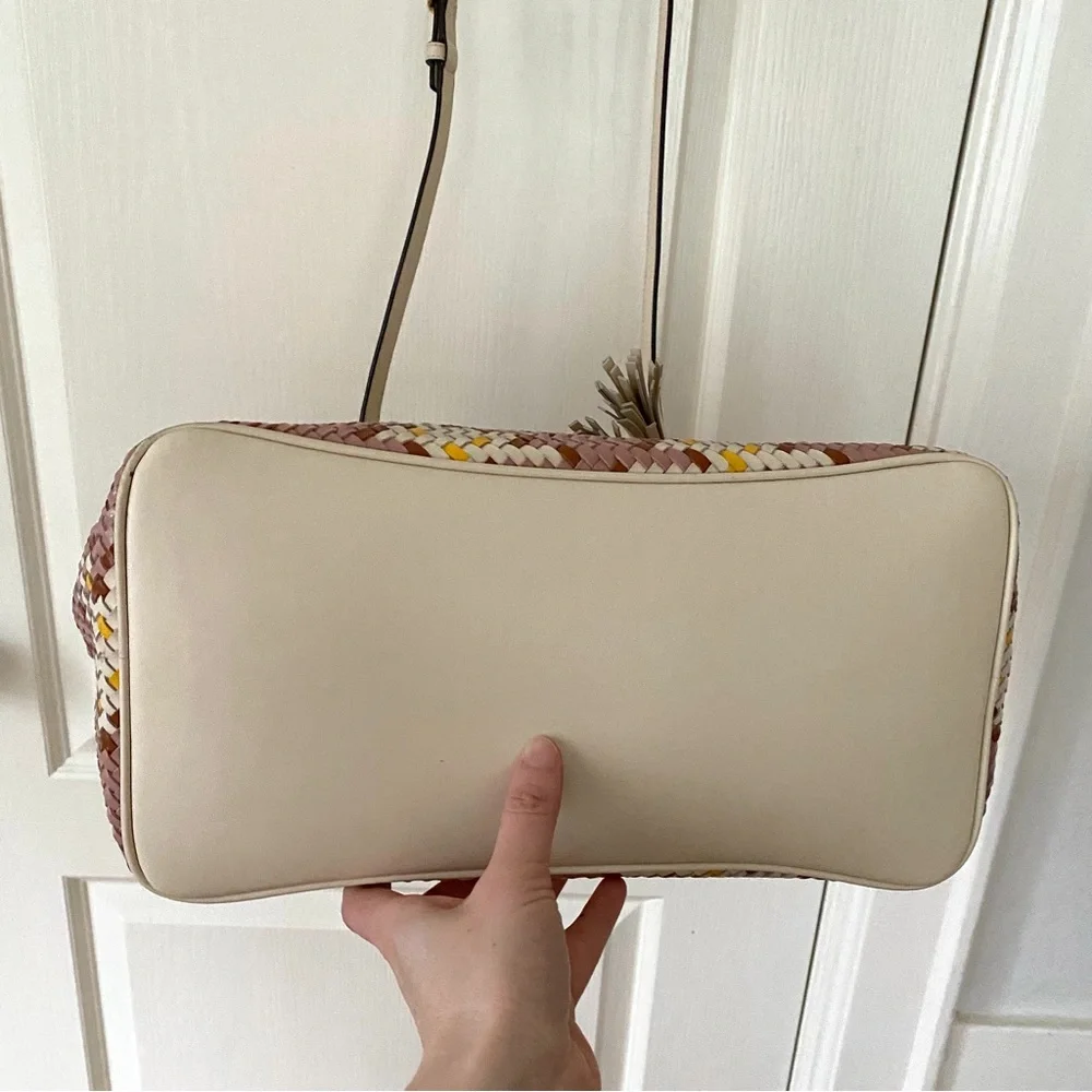 $595 Tory Burch Thea Woven Cream Pink Leather Tassels Crossbody Satchel Bag